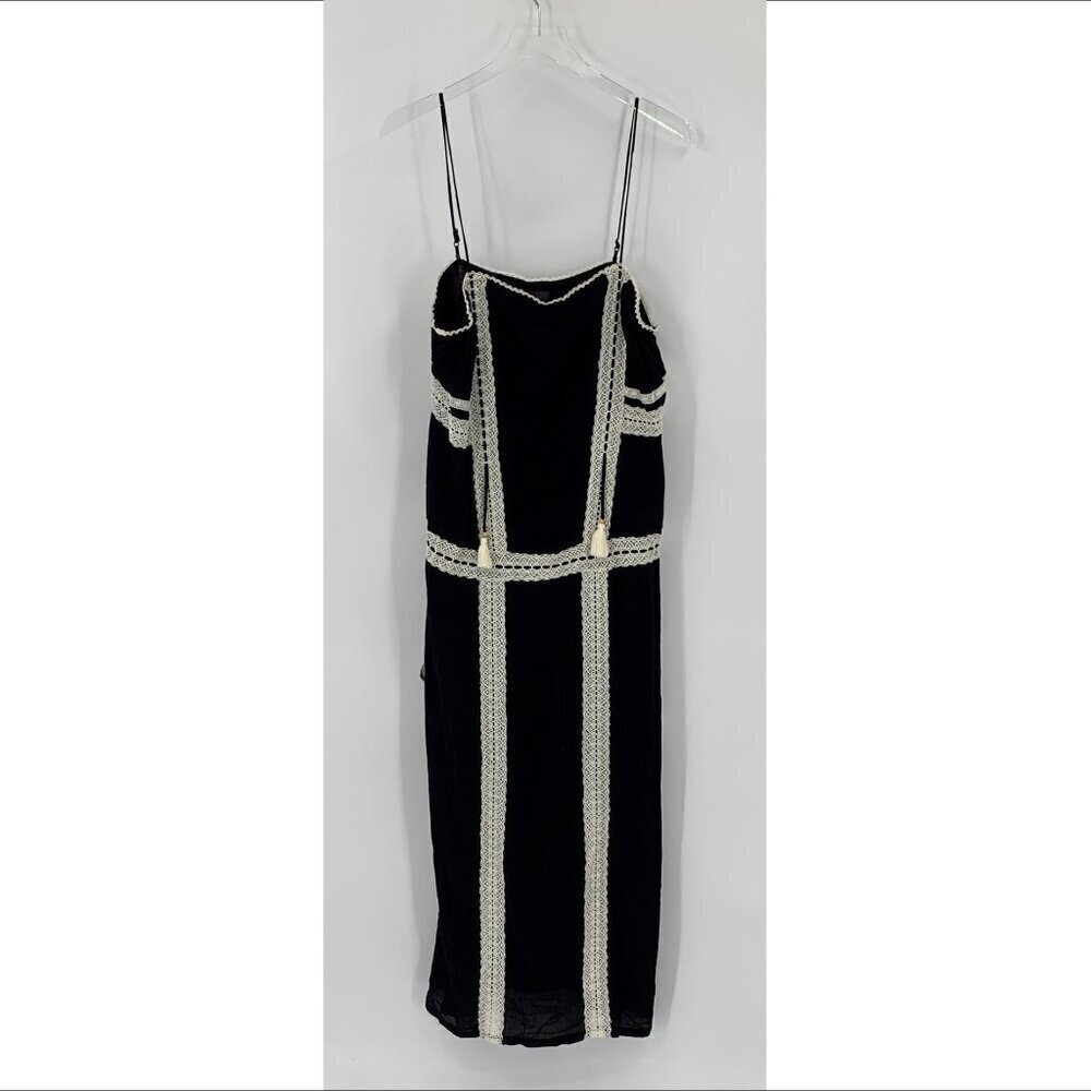 Hale Bob tank shift dress black white lace tassel maxi side slits Large